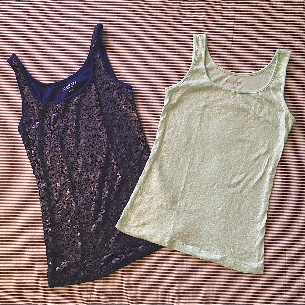 Two sequin tank tops, navy and mint